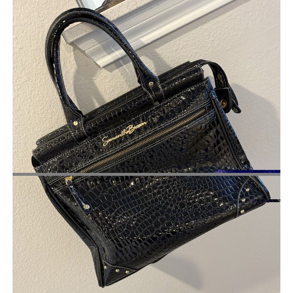 Samantha Brown  Black Camel Dowel Bag Carry on Croco Embossed Pre-owned